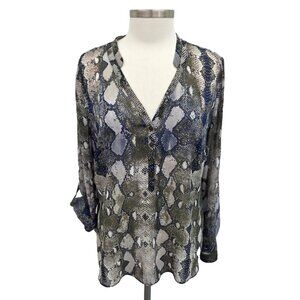 A.N.A. Snakeskin Print Sheer Henley Blouse Women's XL Lightweight Top Roll Tab